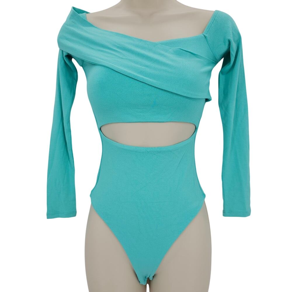 Naked Wardrobe Womans size S Off the Shoulder Cutout Bodysuit Teal Green NWOT